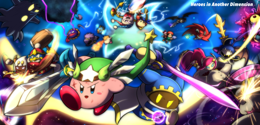 adeleine armor bandanna breathing_fire cape clenched_teeth coo_(kirby) dark_meta_knight daroach ddddndn dirty electricity energy_ball everyone fire flying galaxia_(sword) glowing glowing_eyes gooey gun hammer hat highres kine_(kirby) king_dedede kirby kirby:_star_allies kirby_(series) kracko magolor marx mask mecha meta_knight nintendo open_mouth polearm ribbon_(kirby) rick_(kirby) scar space spear susie_(kirby) sword taranza teeth tongue tongue_out top_hat waddle_dee wand weapon whispy_woods