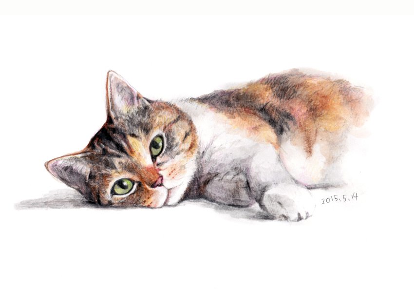 absurdres cat colored_pencil_(medium) dated green_eyes highres looking_at_viewer lying mojacookie no_humans on_side original shadow simple_background traditional_media watercolor_pencil_(medium) white_background
