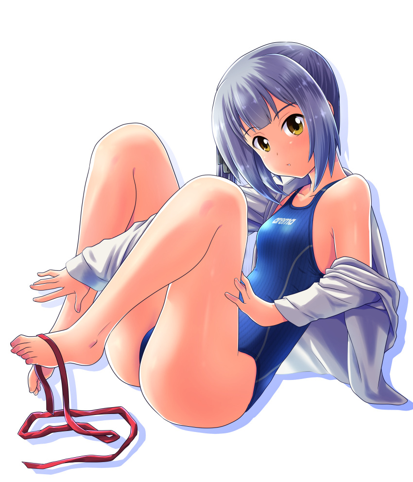 1girl absurdres alternate_costume arena_(company) barefoot between_legs blue_swimsuit breasts brown_eyes competition_swimsuit dress dress_lift feet full_body highres jacket kantai_collection kasumi_(kantai_collection) long_hair long_sleeves looking_at_viewer one-piece_swimsuit red_ribbon ribbon side_ponytail silver_hair simple_background small_breasts solo striped striped_swimsuit swimsuit tennouji_masamichi track_jacket white_background white_jacket