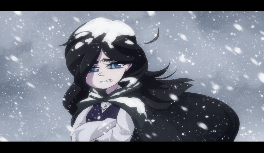 1girl black_cape black_hair blizzard blue_eyes cape clenched_teeth cold commentary crossed_arms english_commentary fake_screenshot francisca_(kirby) highres humanization kirby:_star_allies kirby_(series) littlecloudie long_hair nintendo origin_story snow snow_on_head solo spoilers teeth upper_body very_long_hair vest