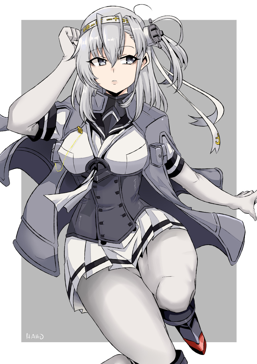 absurdres artist_name bodysuit bodysuit_under_clothes boots breasts grey_eyes hachimaki haho headband headgear highres kantai_collection medium_breasts medium_hair miniskirt short_sleeves side_ponytail skirt suzutsuki_(kantai_collection) white_bodysuit white_hair