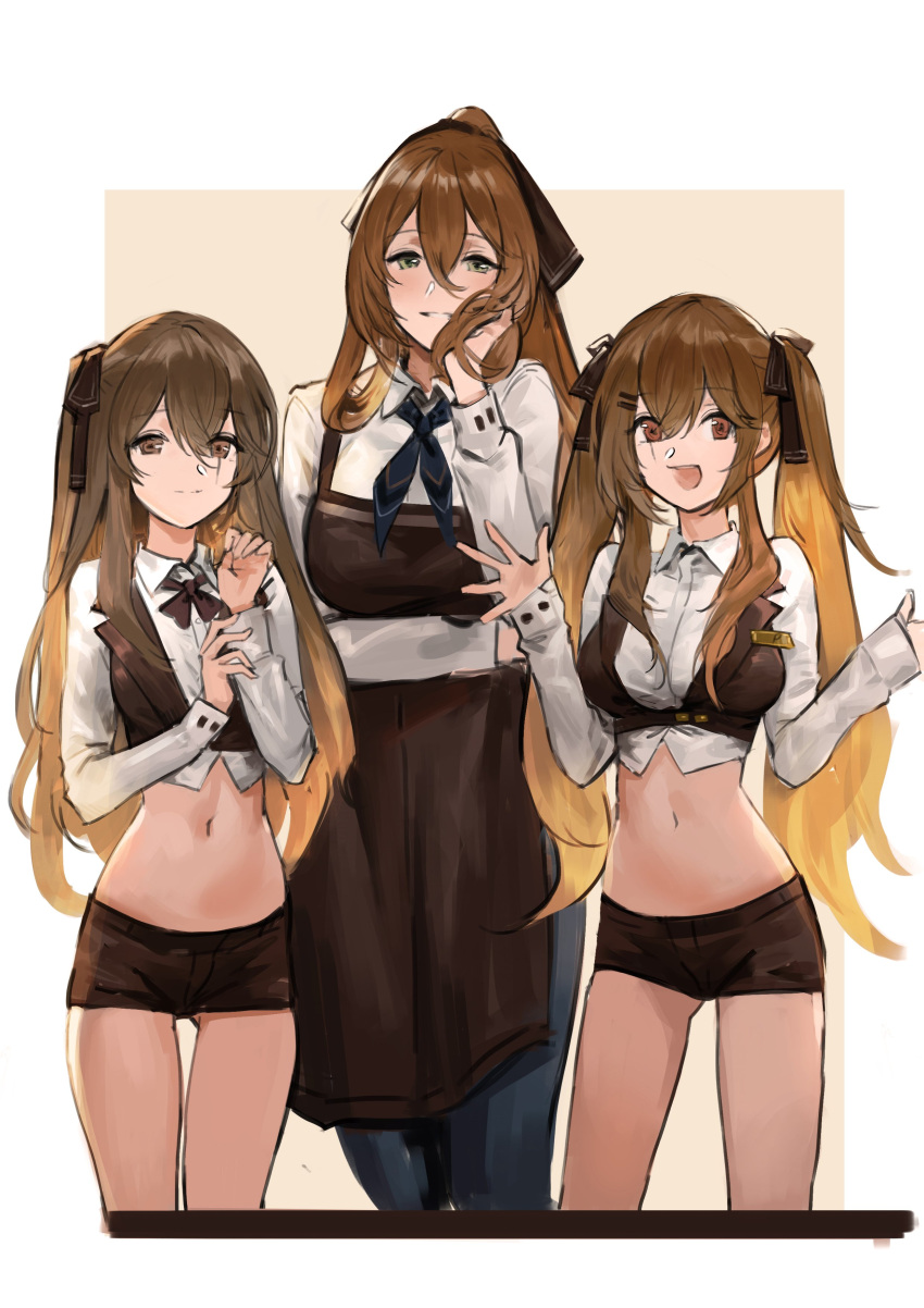 3girls absurdres apron brown_hair dokshuri girls_frontline hair_ribbon highres long_hair m1903_springfield_(girls_frontline) midriff multiple_girls navel one_side_up ribbon shorts twintails ump45_(girls_frontline) ump9_(girls_frontline) vest