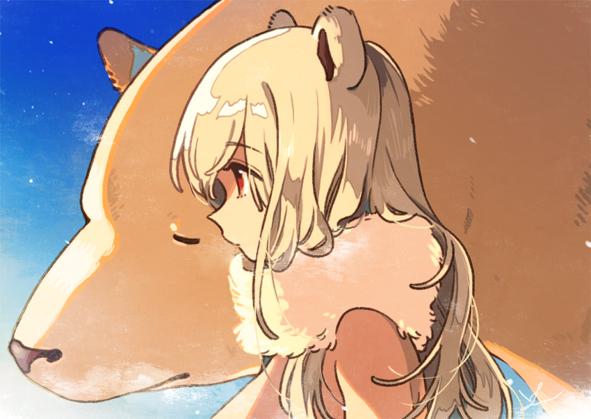 1girl animal_ears bangs bear bear_ears blonde_hair closed_mouth commentary day english_commentary enpera eyebrows_visible_through_hair from_side fur_trim keishin long_hair original outdoors polar_bear profile red_eyes scarf solo