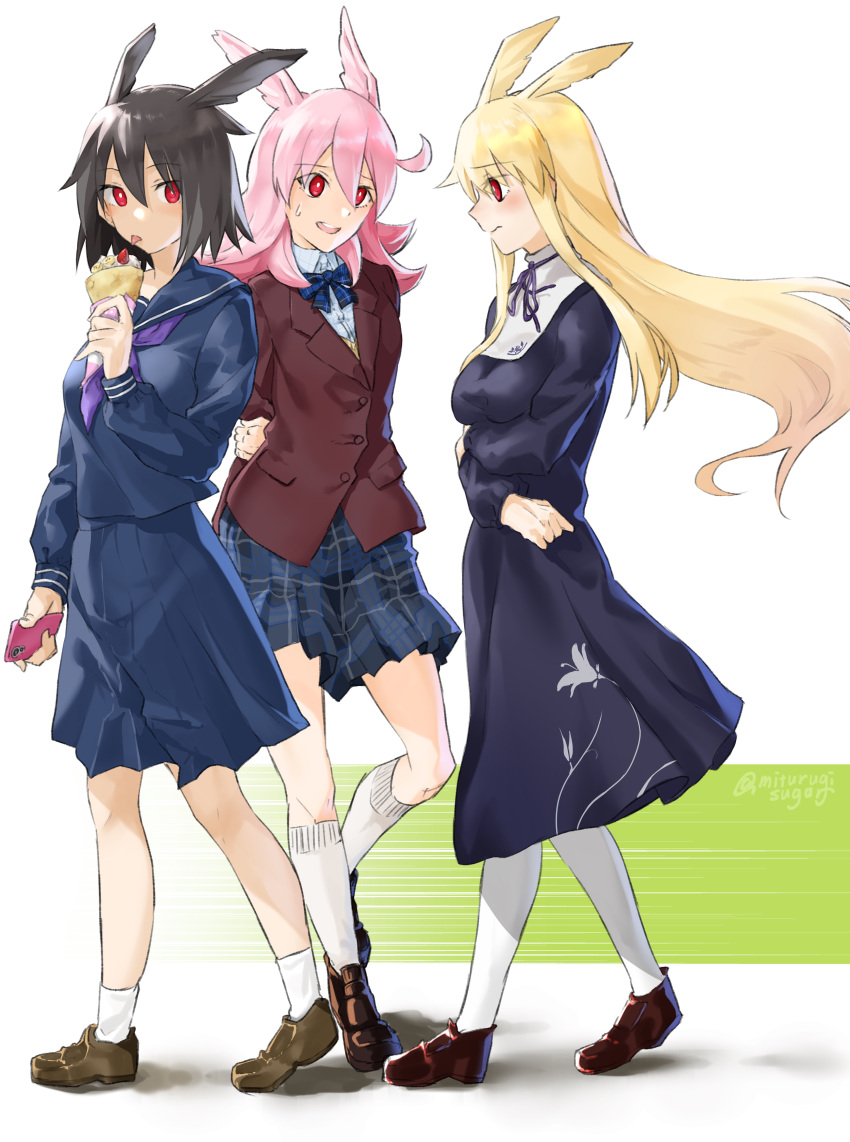 3girls absurdres alternate_costume black_hair blazer blonde_hair bow bowtie cellphone commentary_request dress fate/grand_order fate_(series) food head_wings highres hildr_(fate/grand_order) jacket long_dress long_hair medium_hair mithurugi-sugar multiple_girls ortlinde_(fate/grand_order) phone pink_hair plaid plaid_skirt red_eyes school_uniform serafuku short_hair skirt smartphone thrud_(fate/grand_order) valkyrie_(fate/grand_order)