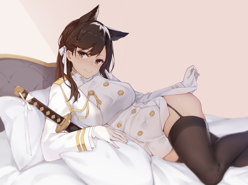 1girl absurdres animal_ears atago_(azur_lane) azur_lane bangs bed black_hair breasts double-breasted epaulettes garter_straps gloves hair_between_eyes highres jun.bit katana large_breasts lifted_by_self long_sleeves looking_at_viewer lying military military_uniform mole mole_under_eye on_side pantyhose pencil_skirt sheath sheathed skirt smile solo sunlight sword uniform weapon white_gloves wolf_ears yellow_eyes