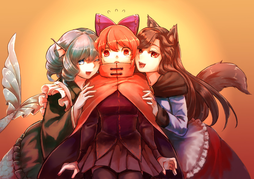 3girls ;d animal_ears bangs black_legwear black_skirt blouse blue_eyes blue_hair bow breasts brooch brown_hair cloak colored_eyelashes commentary_request drill_hair fangs flying_sweatdrops frills green_kimono hair_bow head_fins highres imaizumi_kagerou japanese_clothes jewelry kimono long_hair long_sleeves looking_at_viewer medium_breasts mermaid miniskirt monster_girl multiple_girls one_eye_closed open_mouth orange_background purple_bow red_eyes red_skirt redhead reika_winter scales sekibanki short_hair skirt smile sweatdrop tail thigh-highs touhou wakasagihime white_blouse wolf_ears wolf_girl wolf_tail