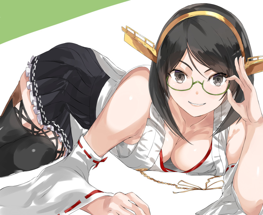 1girl absurdres adjusting_eyewear black_hair boots breasts burai_yuuki closed_mouth detached_sleeves glasses green-framed_eyewear highres japanese_clothes kantai_collection kirishima_(kantai_collection) large_breasts nontraditional_miko ribbon-trimmed_sleeves ribbon_trim short_hair simple_background skirt smile solo thigh-highs thigh_boots white_background