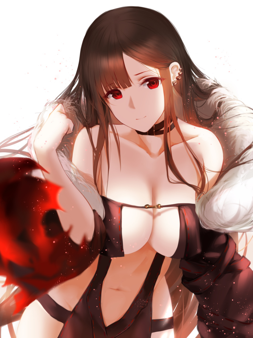 1girl absurdres bangs black_dress blunt_bangs blurry breasts brown_hair center_opening choker cleavage consort_yu_(fate) dress ear_piercing eyebrows_visible_through_hair fate/grand_order fate_(series) fur_collar hair_between_eyes higandgk highres large_breasts long_hair looking_at_viewer navel piercing red_eyes sidelocks simple_background white_background