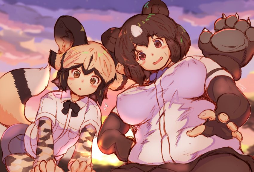 2girls :o african_wild_dog_(kemono_friends) african_wild_dog_print animal_ears animal_print arm_support bangs bear_ears bear_paw_hammer black_hair black_skirt blush bodystocking bow bowtie breasts brown_bear_(kemono_friends) brown_eyes clouds cloudy_sky commentary_request dog_ears dog_tail erect_nipples eyebrows_visible_through_hair fingerless_gloves flipped_hair flying_sweatdrops from_below gloves kemono_friends leaning_forward light_brown_hair long_sleeves looking_at_viewer looking_down medium_hair microskirt multicolored_hair multiple_girls ooba_jun open_mouth outdoors reaching_out shirt short_over_long_sleeves short_sleeves shorts shoulder-to-shoulder skirt sky smile sun tail twilight two-tone_hair upper_body weapon weapon_on_back white_hair white_shirt