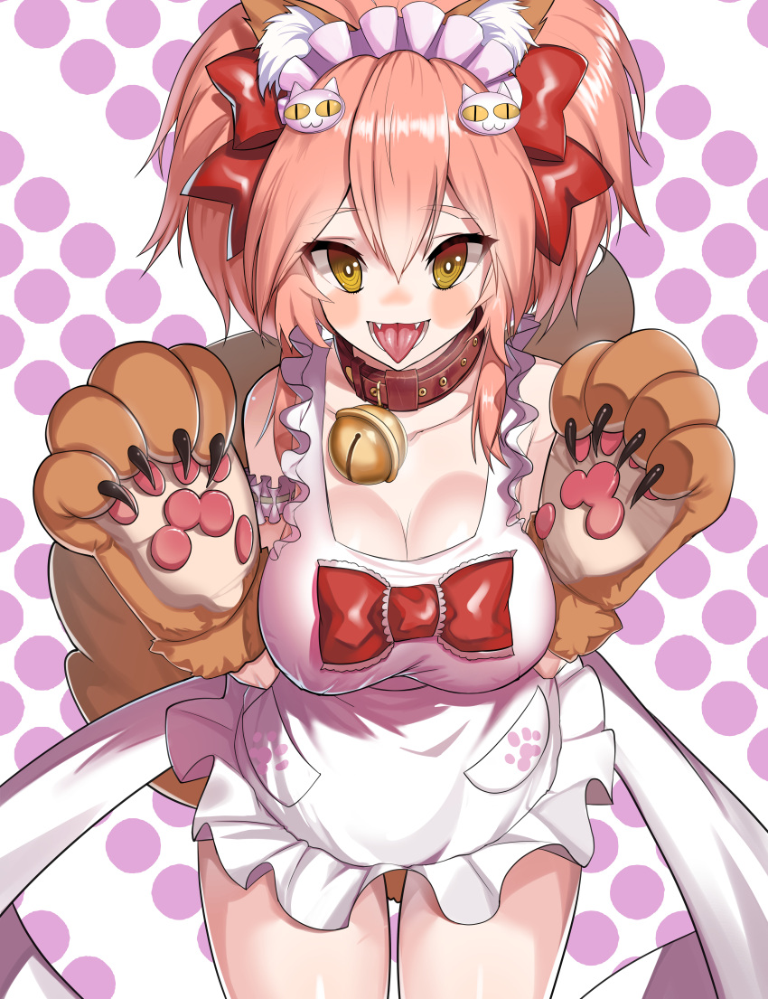 1girl absurdres animal_ear_fluff animal_ears apron bell bell_collar blush_stickers breasts cat_hair_ornament cat_paws cleavage collar collarbone fangs fate/grand_order fate_(series) fox_ears fox_tail gloves hair_ornament highres jingle_bell large_breasts long_hair looking_at_viewer maid_headdress naked_apron ohihil open_mouth paw_gloves paws pink_hair ponytail solo tail tamamo_(fate)_(all) tamamo_cat_(fate) tongue tongue_out