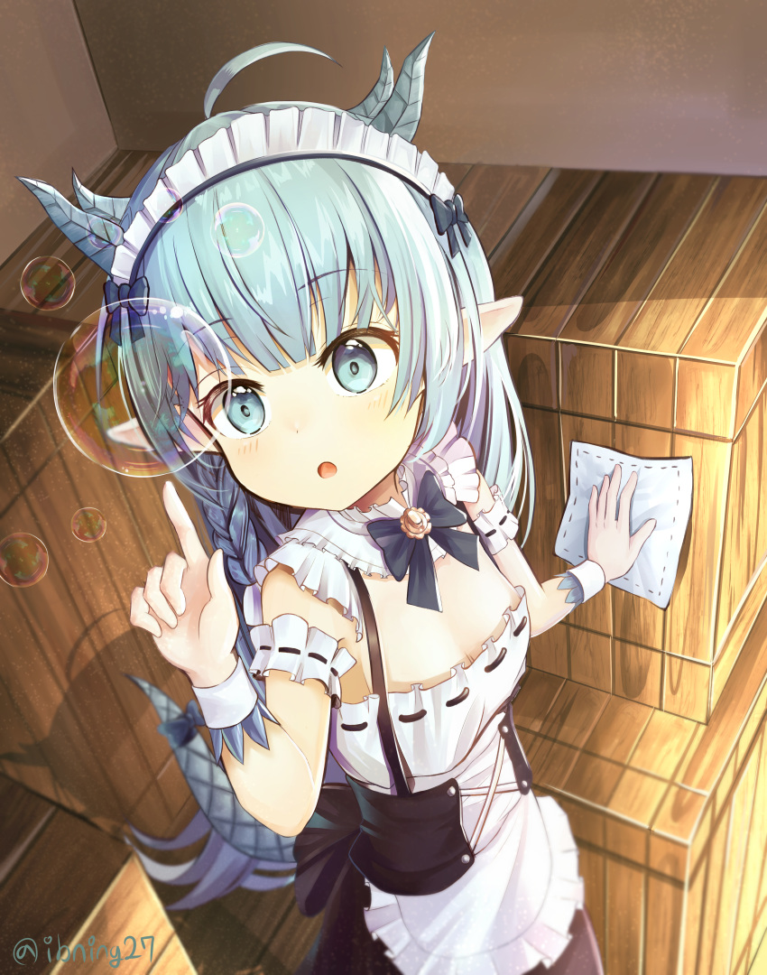 1girl :o absurdres ahoge apron arm_garter bangs black_neckwear black_skirt blue_bow blue_eyes blue_hair blurry blush bow bowtie braid breasts bubble cleaning cleavage commentary_request cowboy_shot crate detached_collar dragon_girl dragon_horns dragon_tail exitb eyebrows_visible_through_hair frills from_above hair_bow hand_up highres holding horns index_finger_raised indoors king's_raid lilia_(king's_raid) long_hair looking_at_viewer maid maid_apron maid_headdress miniskirt parted_lips pointy_ears ribbon_trim shirt sidelocks skirt sleeveless sleeveless_shirt small_breasts solo standing tail tareme twitter_username very_long_hair white_apron white_shirt wrist_cuffs