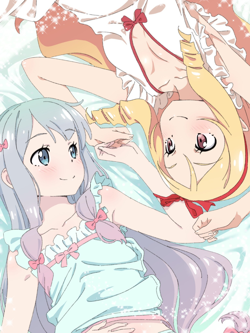 2girls armpits bed_sheet blonde_hair blue_eyes blue_shirt bow breasts brown_eyes cleavage collarbone dress drill_hair eromanga_sensei eye_contact from_above hair_bow hairband hand_on_own_stomach highres izumi_sagiri long_hair looking_at_another lying midriff multiple_girls on_back pink_bow pink_x pointy_ears red_bow red_hairband shiny shiny_hair shirt silver_hair sleeveless sleeveless_dress sleeveless_shirt small_breasts smile upper_body very_long_hair white_dress yamada_elf