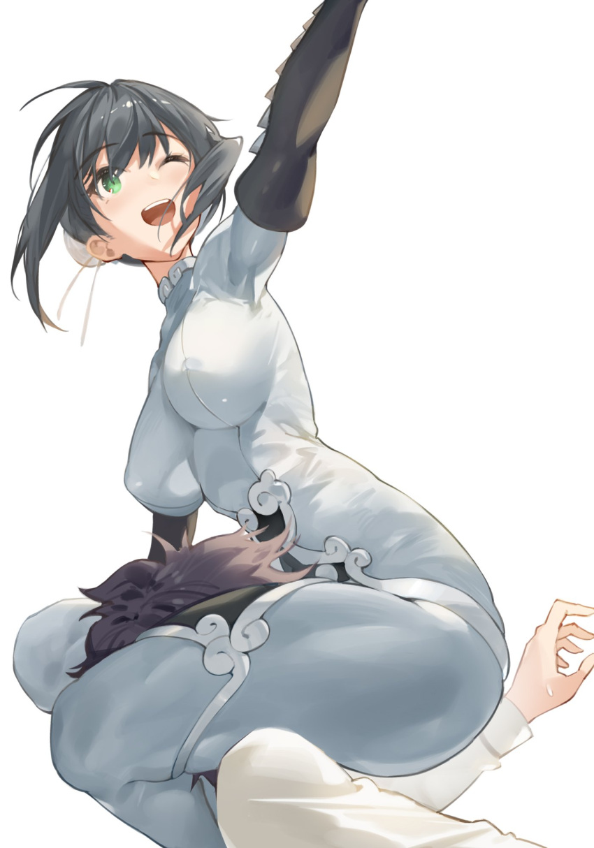 1girl arm_up bangs black_hair bodysuit breasts bun_cover covered_nipples double_bun elbow_gloves fate/grand_order fate_(series) fujimaru_ritsuka_(male) gloves green_eyes hair_between_eyes hana_mori highres large_breasts one_eye_closed open_mouth qin_liangyu_(fate) sitting sitting_on_face sitting_on_person