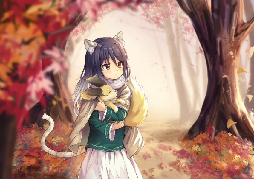 1girl animal animal_ear_fluff animal_ears autumn_leaves bangs black_hair blurry blurry_foreground blush brown_eyes carrying cloak closed_mouth dargo day depth_of_field expressionless eyebrows_visible_through_hair falling_leaves fur_collar gradient_hair green_shirt hair_intakes kashiwazaki_shiori leaf long_hair long_sleeves looking_to_the_side multicolored_hair outdoors princess_connect! princess_connect!_re:dive shirt skirt solo tail tree white_hair white_skirt wide_sleeves