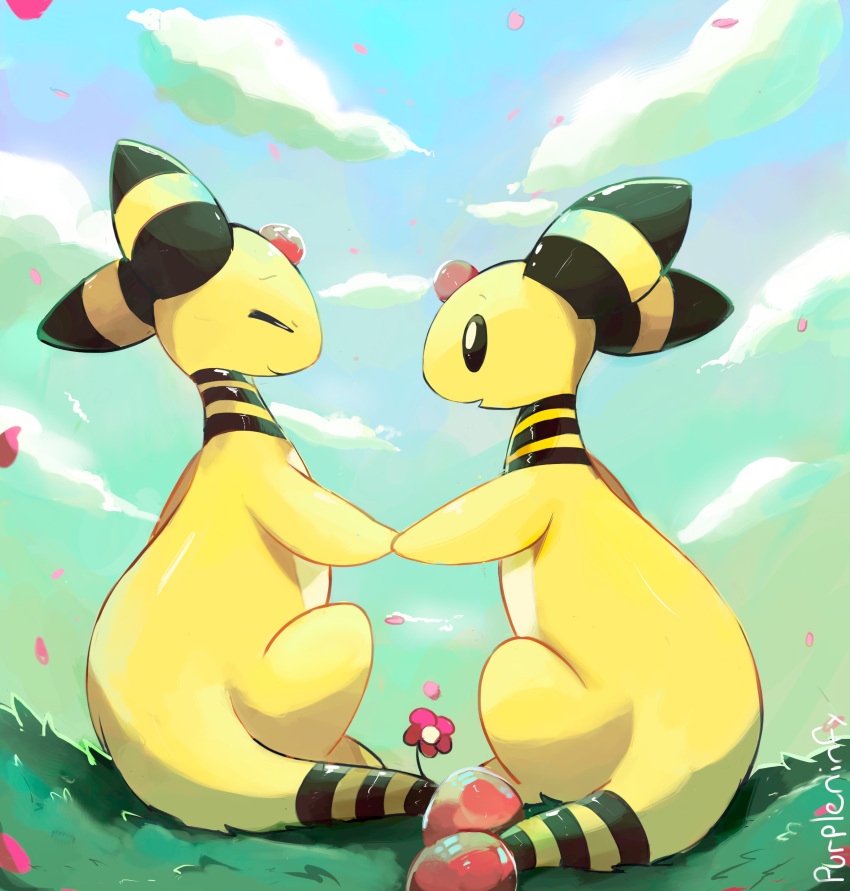 absurdres ampharos artist_name black_eyes black_sclera closed_eyes clouds commentary creatures_(company) flower game_freak gen_2_pokemon grass hand_holding highres nintendo no_humans outdoors petals pokemon pokemon_(creature) purpleninfy sitting sky