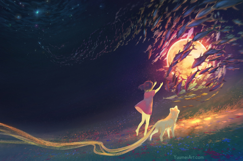 1girl animal barefoot brown_hair commentary dress english_commentary fish from_behind full_moon medium_hair moon original outstretched_arms red_dress solo underwater watermark web_address wenqing_yan