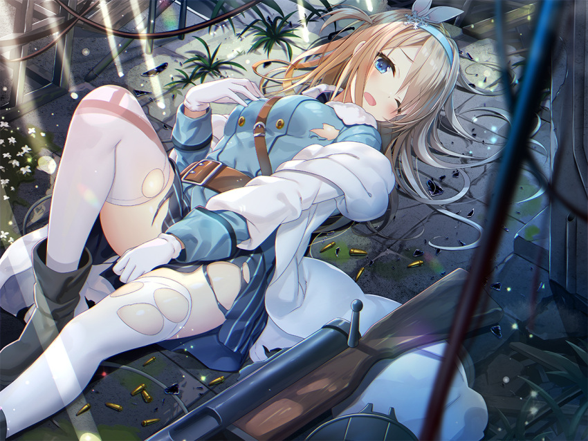 1girl bangs black_footwear blue_hairband blue_jacket blue_skirt blush boots breasts bullet commentary_request eyebrows_visible_through_hair flower girls_frontline gloves gun hair_between_eyes hair_ornament hairband hand_up jacket knee_up light_brown_hair long_hair long_sleeves looking_at_viewer lying medium_breasts object_namesake on_back one_eye_closed one_side_up open_mouth pleated_skirt skirt snowflake_hair_ornament solo striped submachine_gun sunlight suomi_kp/-31 suomi_kp31_(girls_frontline) thigh-highs torn_clothes torn_jacket torn_skirt vertical-striped_skirt vertical_stripes very_long_hair weapon white_flower white_gloves white_legwear yano_mitsuki