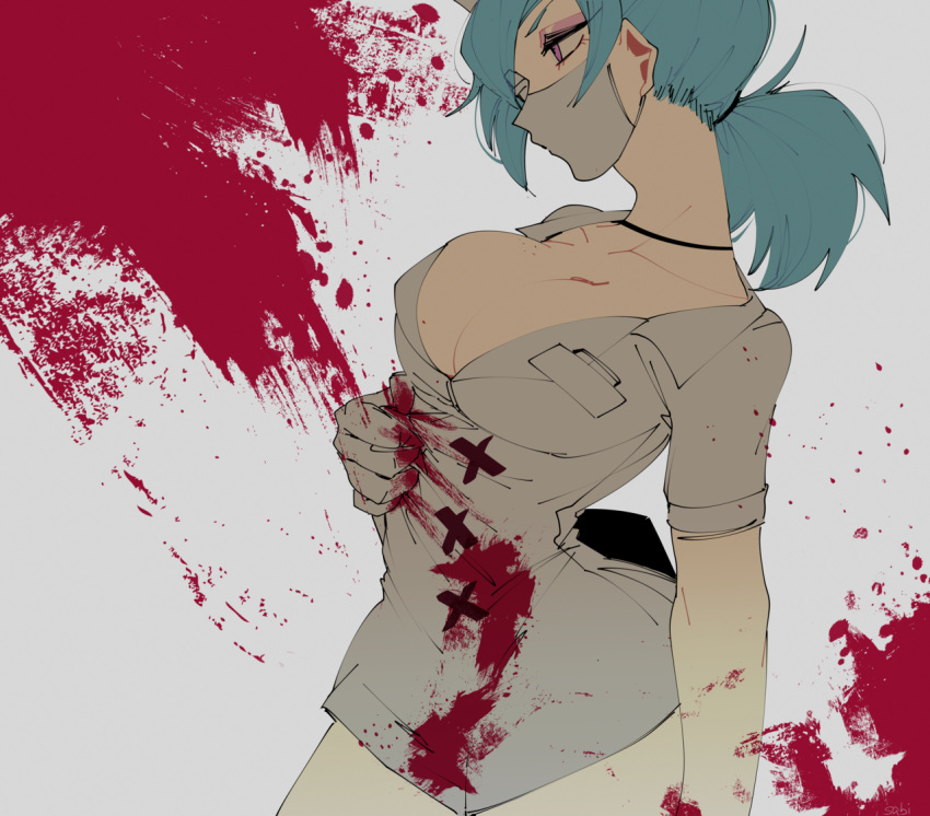 1girl bandage_over_one_eye blood blood_splatter bloody_clothes blue_hair breasts cleavage enisabi hat large_breasts nurse nurse_cap simple_background skullgirls solo surgical_mask tied_hair valentine_(skullgirls) violet_eyes