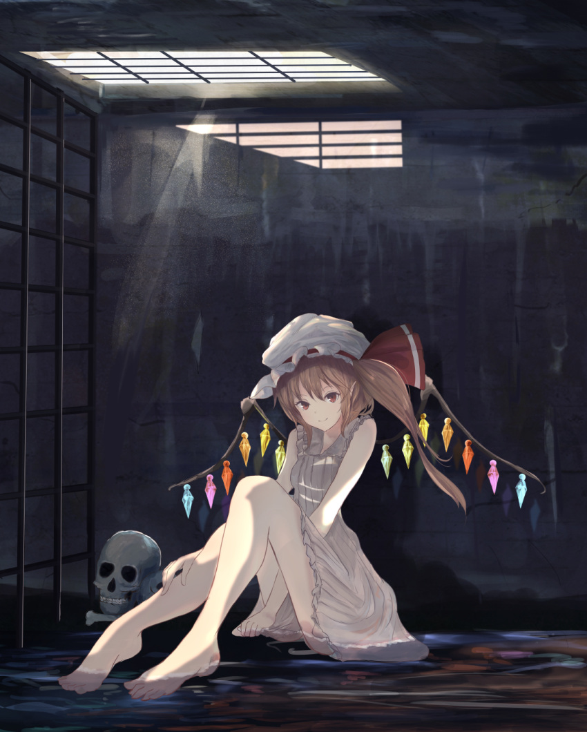 1girl bangs bars blonde_hair bone closed_mouth crystal dress dress_tug eyebrows_visible_through_hair flandre_scarlet frilled_dress frills full_body hat hat_ribbon highres light_rays looking_at_viewer mob_cap partially_submerged pointy_ears red_eyes red_ribbon ribbon side_ponytail sitting skull smile solo sunbeam sunlight touhou water white_dress wings yukitourou
