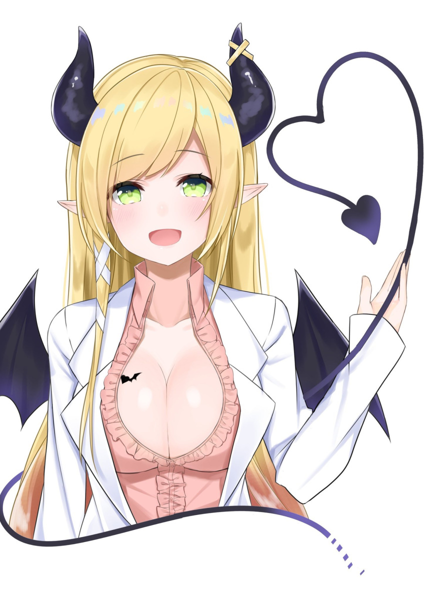 1girl :d arm_at_side bangs blonde_hair blush breast_tattoo breasts cleavage collarbone collared_shirt commentary_request cropped_torso demon_girl demon_horns demon_tail demon_wings eyebrows_visible_through_hair green_eyes hair_ribbon hand_up hashiko_nowoto highres hololive horns jacket large_breasts long_hair long_sleeves looking_at_viewer open_clothes open_jacket open_mouth pink_shirt pointy_ears ribbon shirt sidelocks simple_background sleeves_past_wrists smile solo tail tattoo virtual_youtuber white_background white_jacket white_ribbon wing_collar wings yuzuki_choco