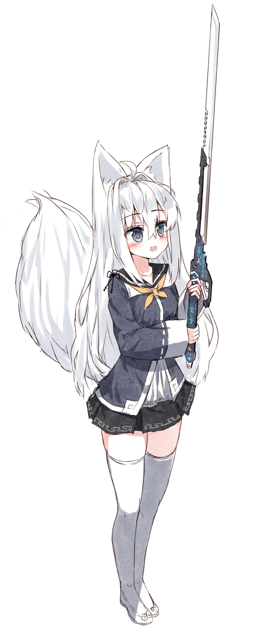 1girl absurdres ahoge animal_ear_fluff animal_ears bangs black_skirt blue_eyes blue_jacket blush breasts commentary_request eyebrows_visible_through_hair fox_ears fox_girl fox_tail full_body hair_between_eyes hair_intakes highres holding holding_sword holding_weapon jacket long_hair long_sleeves looking_away open_mouth orange_neckwear original ping_myu_ring_(tandohark) pleated_skirt shirt shoes simple_background skirt small_breasts solo standing sword tail tail_raised tandohark thigh-highs very_long_hair weapon white_background white_footwear white_hair white_legwear white_shirt wide_sleeves