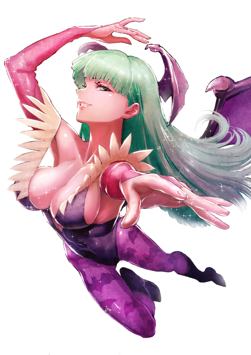 1girl animal_print arm_up bangs bare_shoulders bat_print boots breasts bridal_gauntlets cleavage commentary_request demon_girl demon_wings fingernails full_body green322 green_eyes green_hair head_wings highleg highres knee_boots large_breasts leotard lips long_hair looking_at_viewer morrigan_aensland shiny shiny_hair shiny_skin simple_background smile sparkle succubus vampire_(game) white_background wings