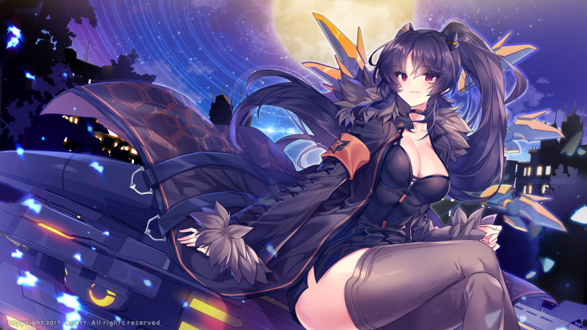 1girl armband bangs black_jacket blush breasts choker cleavage closed_mouth commission eyebrows_visible_through_hair full_moon grey_legwear highres iris_yuma jacket large_breasts legs_crossed long_hair maett magic_circle moon night outdoors red_eyes smile solo soul_worker thigh-highs thighs twintails