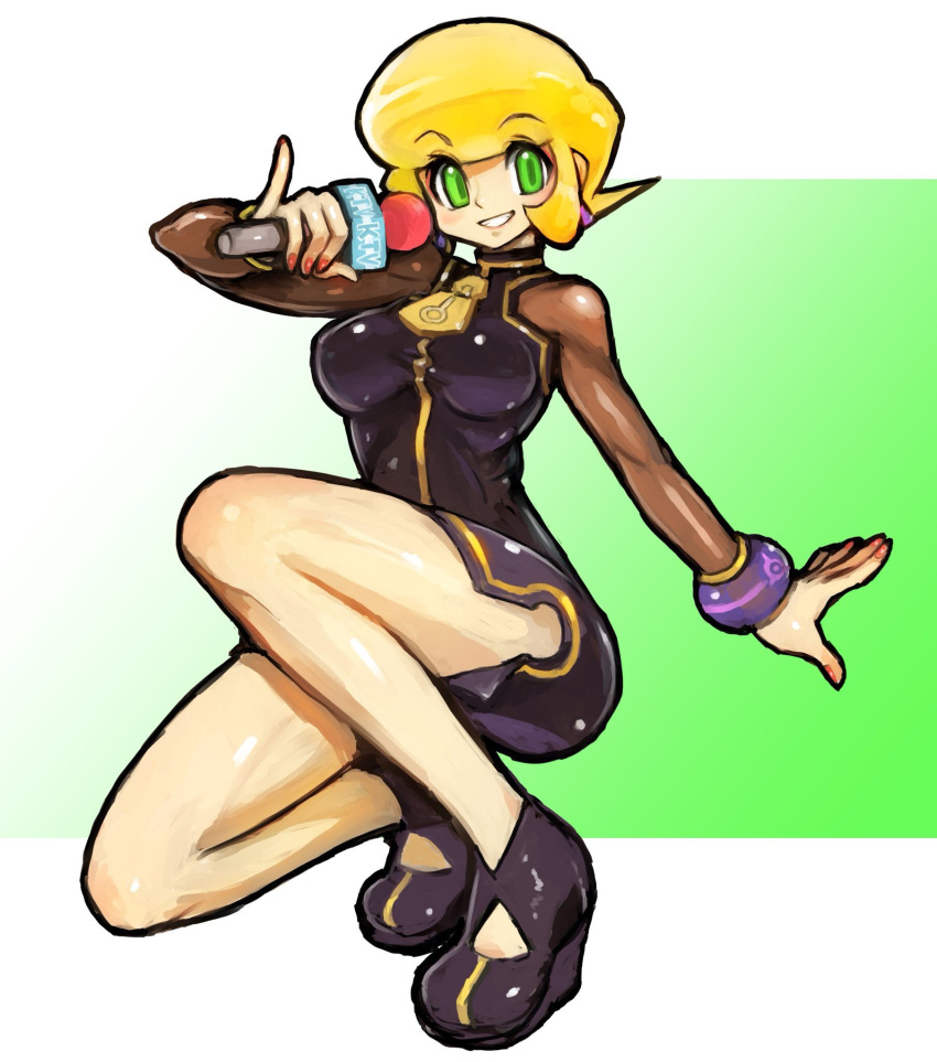 1girl black_footwear blonde_hair bracelet breasts dakusuta dress earrings eyebrows_visible_through_hair full_body green_eyes highres holding holding_microphone jewelry matilda_caskett microphone pinky_out platform_footwear rockman rockman_dash short_hair simple_background smile solo squatting teeth