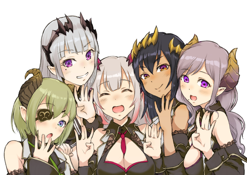 5girls between_breasts black_hair black_vest blue blush breasts cleavage closed_mouth commentary dark_skin demon_girl demon_horns detached_sleeves eyebrows_visible_through_hair eyepatch green_hair grin hand_to_own_mouth highres honey_strap horns jyaco large_breasts looking_at_viewer mole mole_under_eye mole_under_mouth multicolored multicolored_eyes multicolored_hair multiple_girls necktie necktie_between_breasts open_mouth orange_eyes pointy_ears purple_hair redhead saionji_mary sekishiro_mico shimamura_charlotte shoulders silver_hair smile sougetsu_eli suou_patra vest violet_eyes virtual_youtuber