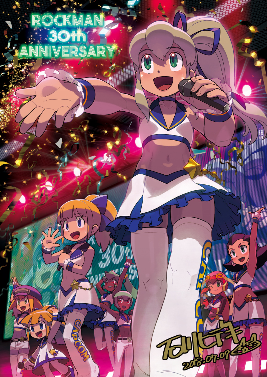 6+girls :d alternate_costume arm_up bangs blonde_hair blue_eyes blunt_bangs bracelet brown_hair cabbie_hat capcom copyright_name frilled_skirt frills green_hair hat high_ponytail highres holding holding_microphone idol ishikawa_hideki jewelry long_hair microphone midriff miniskirt multiple_girls multiple_persona navel official_art open_mouth outstretched_arm pants phone_wallpaper ponytail rockman rockman_(classic) rockman_dash rockman_exe roll roll_caskett roll_exe short_hair signature skirt smile thigh-highs tron_bonne waving white_legwear white_pants white_skirt