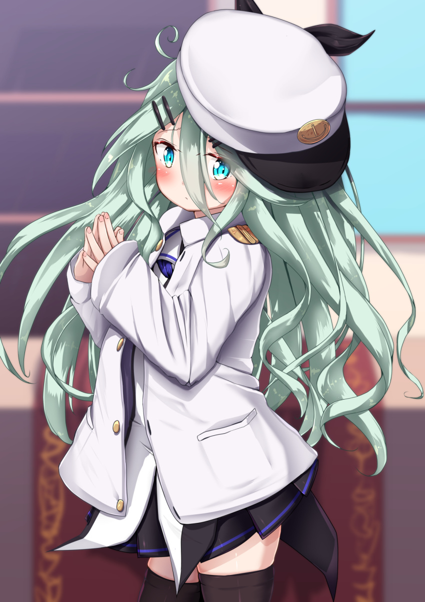 1girl bangs black_legwear black_ribbon black_skirt blue_eyes blue_sky blurry blurry_background blush closed_mouth commentary_request day detached_sleeves eyebrows_visible_through_hair green_hair hair_between_eyes hair_ornament hair_ribbon hairclip hands_up hat head_tilt highres jacket kantai_collection long_sleeves looking_at_viewer military_hat military_jacket mochiyuki open_clothes open_jacket own_hands_together peaked_cap pleated_skirt ribbon shirt sideways_hat skirt sky sleeves_past_wrists solo standing thigh-highs tilted_headwear white_hat white_jacket white_shirt window yamakaze_(kantai_collection)