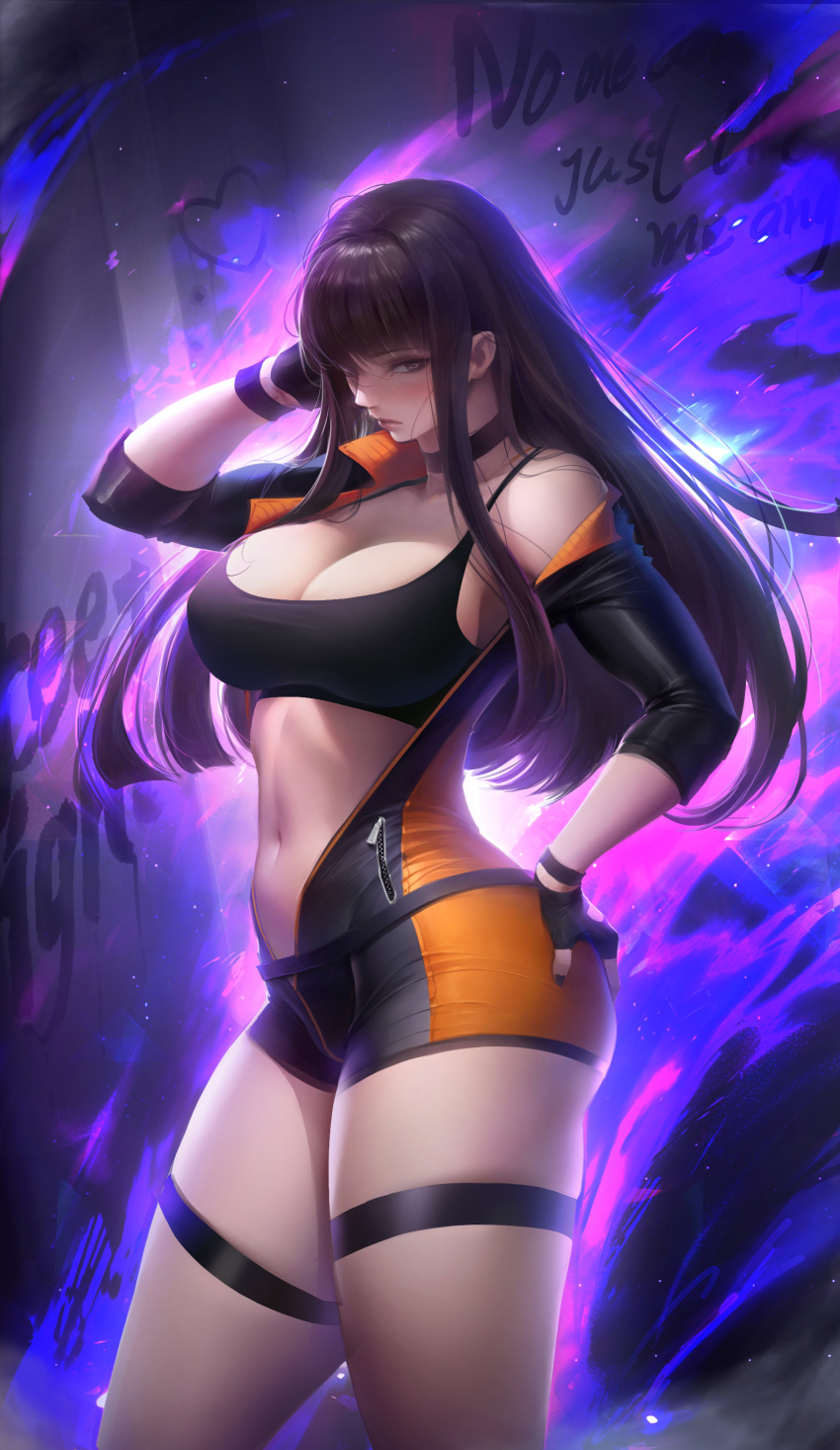 1girl absurdres adjusting_hair bangs blush bodysuit bracelet breasts brown_eyes brown_hair chinese_commentary choker cleavage commentary_request crop_top dungeon_and_fighter fighter_(dungeon_and_fighter) fingerless_gloves flute_(artist) gloves hand_on_hip highres jacket jewelry large_breasts leather long_hair looking_at_viewer nail_polish navel off_shoulder open_bodysuit open_clothes open_jacket purple_background skin_tight sports_bra stomach thick_thighs thigh_strap thighlet thighs