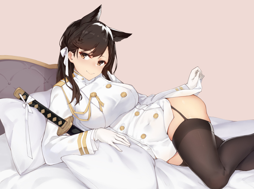 1girl absurdres animal_ears atago_(azur_lane) azur_lane bangs bed black_hair breasts double-breasted epaulettes garter_straps gloves hair_between_eyes highres jun.bit katana large_breasts lifted_by_self long_sleeves looking_at_viewer lying military military_uniform mole mole_under_eye on_side pantyhose pencil_skirt sheath sheathed skirt smile solo sword uniform weapon white_gloves wolf_ears yellow_eyes