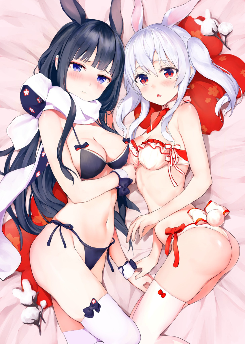 2girls animal_ears armpit_crease ass bangs bed_sheet bikini black_bikini black_bow black_hair blue_eyes blush bow breast_press breasts bunny_tail cleavage closed_mouth commentary_request detached_collar floral_print frilled_bikini frills groin highres long_hair looking_at_viewer lying medium_breasts multiple_girls nanotaro navel necktie nose_blush on_side original parted_lips rabbit_ears red_eyes red_neckwear scarf short_necktie side-tie_bikini sidelocks skindentation small_breasts stomach swimsuit symmetrical_docking tail thigh-highs twintails very_long_hair wavy_mouth white_bikini white_bow white_hair white_legwear white_scarf wrist_cuffs