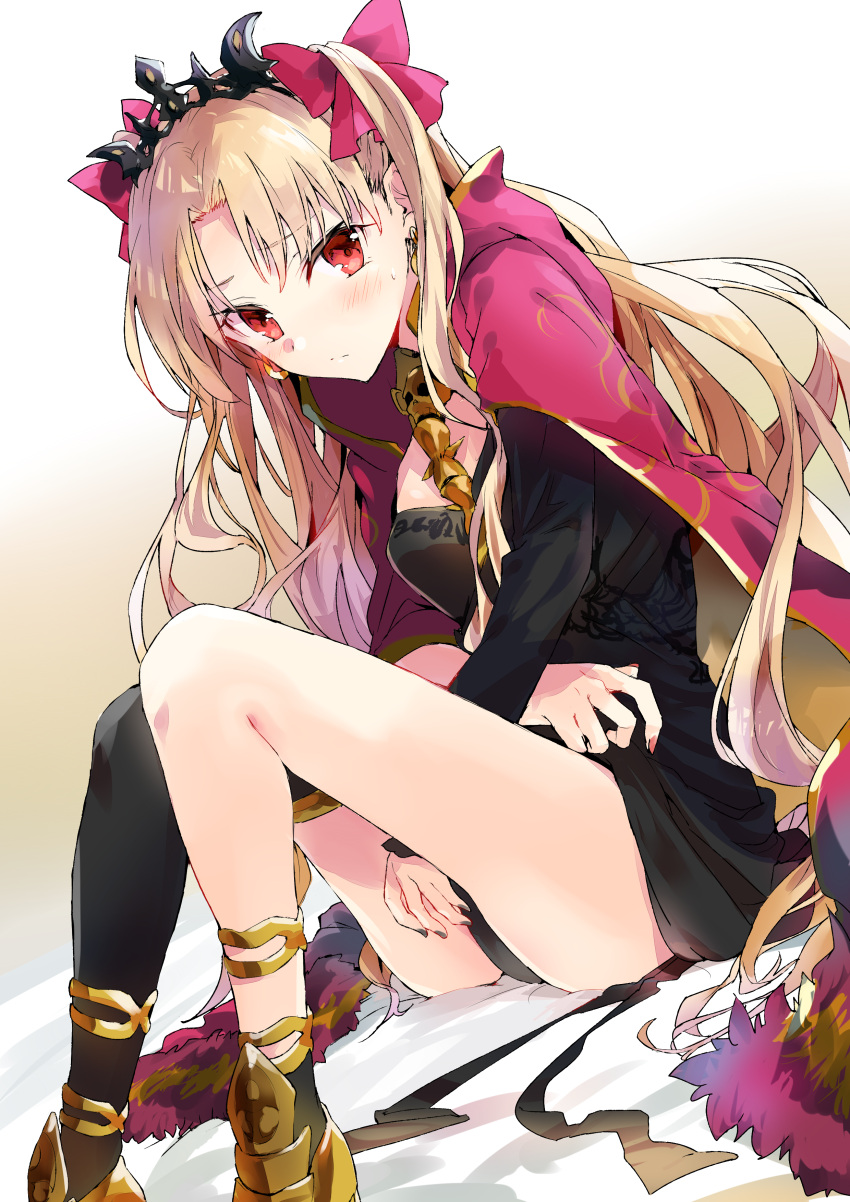 1girl absurdres asymmetrical_legwear bangs black_dress black_legwear black_nails blonde_hair blush bow breasts cape closed_mouth commentary_request dress dutch_angle ereshkigal_(fate/grand_order) eyebrows_visible_through_hair fate/grand_order fate_(series) fingernails hair_between_eyes hair_bow highres long_hair long_sleeves looking_at_viewer nail_polish pink_nails red_bow red_cape red_eyes simple_background single_sleeve single_thighhigh sitting skull small_breasts solo spine thigh-highs tiara tomozero two_side_up very_long_hair white_background