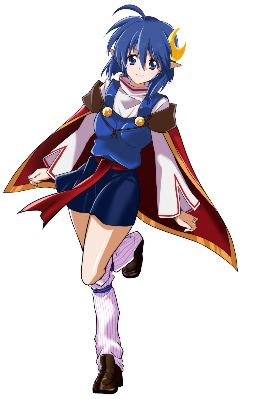 1girl absurdres ahoge bangs blue_eyes blue_hair blue_skirt blush buttons cape closed_mouth commentary crescent crescent_hair_ornament full_body hair_ornament highres jirai_souchou loafers long_sleeves looking_at_viewer loose_socks miniskirt nail_polish pink_nails pointy_ears red_cape rena_lanford ribbed_legwear shoes short_hair sidelocks skirt smile solo standing standing_on_one_leg star_ocean star_ocean_the_second_story white_legwear