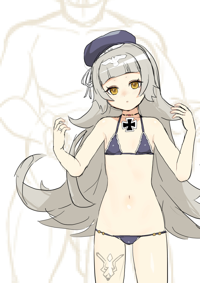 1girl absurdres azur_lane bangs bare_arms bare_shoulders bikini blunt_bangs choker cowboy_shot eyelashes flat_chest grey_hair hands_up hat head_tilt highres iron_cross jewelry long_hair looking_at_viewer nezuko parted_lips purple_bikini purple_hat ring solo standing swimsuit tareme tattoo very_long_hair wedding_band yellow_eyes z46_(azur_lane)