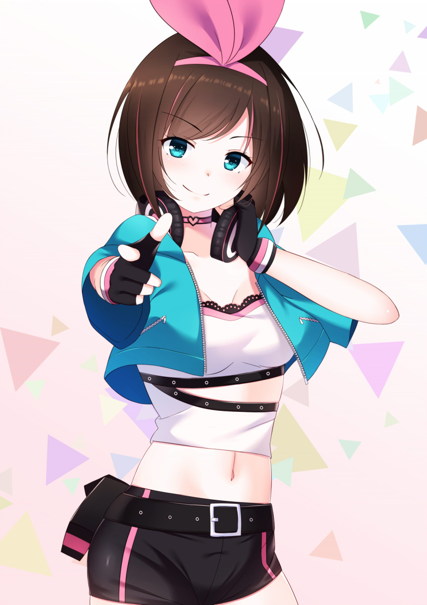 1girl a.i._channel bangs black_gloves black_shorts blue_eyes breasts brown_hair choker cleavage collarbone crop_top eyebrows_visible_through_hair fingerless_gloves gloves hairband headphones headphones_around_neck highres index_finger_raised jacket kizuna_ai looking_at_viewer medium_breasts michael258 midriff navel open_clothes open_jacket pink_hairband shiny shiny_hair short_hair short_shorts short_sleeves shorts smile solo standing stomach swept_bangs unzipped virtual_youtuber