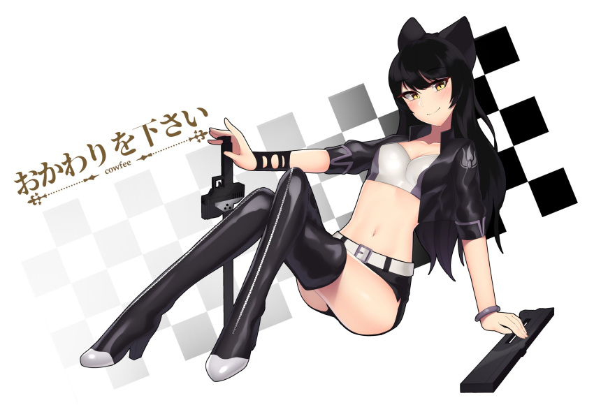 1girl animal_ears artist_logo artist_name belt black_footwear black_hair black_jacket black_shorts blake_belladonna boots breasts cat_ears commentary cowfee crop_top cropped_jacket english_commentary eyebrows_visible_through_hair full_body head_tilt highres jacket legs_crossed long_hair medium_breasts micro_shorts midriff navel rwby shorts simple_background sitting smile solo thigh-highs thigh_boots white_belt yellow_eyes zipper_footwear
