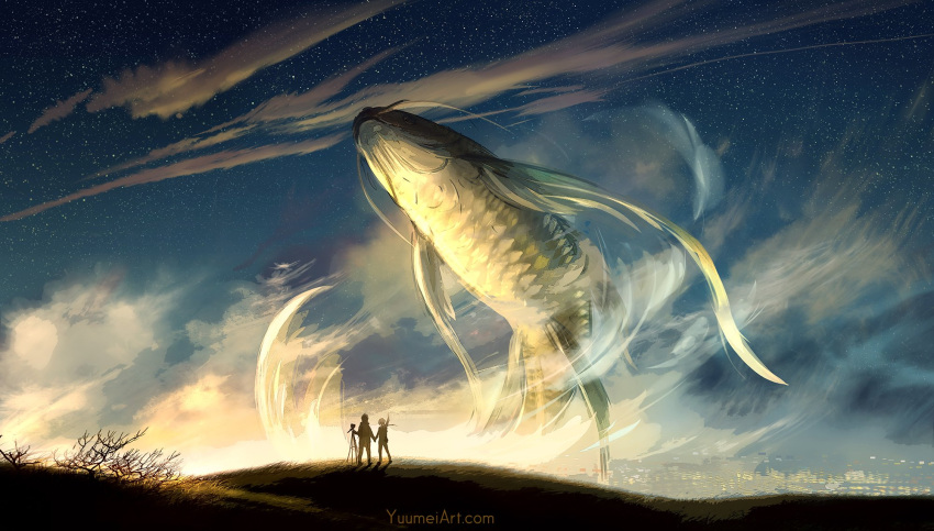 1boy 1girl animal clouds commentary english_commentary field fish flying_fish hand_holding highres original outdoors oversized_animal pointing silhouette sky standing star_(sky) starry_sky sunlight sunset surreal tripod visible_air watermark web_address wenqing_yan wide_shot wind