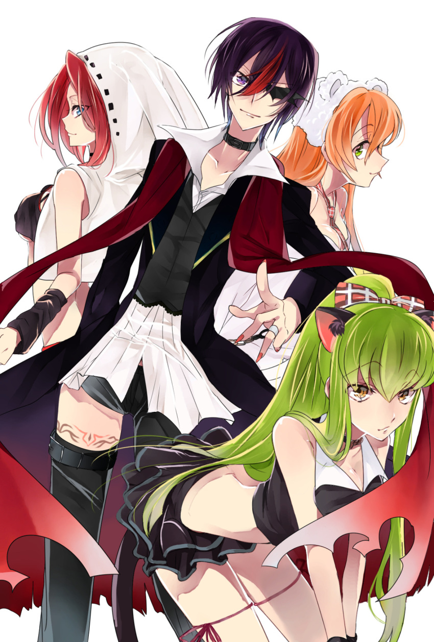 1boy 3girls animal_ears black_hair blue_eyes c.c. cat_ears chains code_geass eyepatch green_eyes green_hair highres jewelry kallen_stadtfeld lelouch_lamperouge long_hair moyo_(yomo4) multicolored_hair multiple_girls necktie orange_hair redhead ring shirley_fenette short_hair simple_background two-tone_hair violet_eyes white_background yellow_eyes