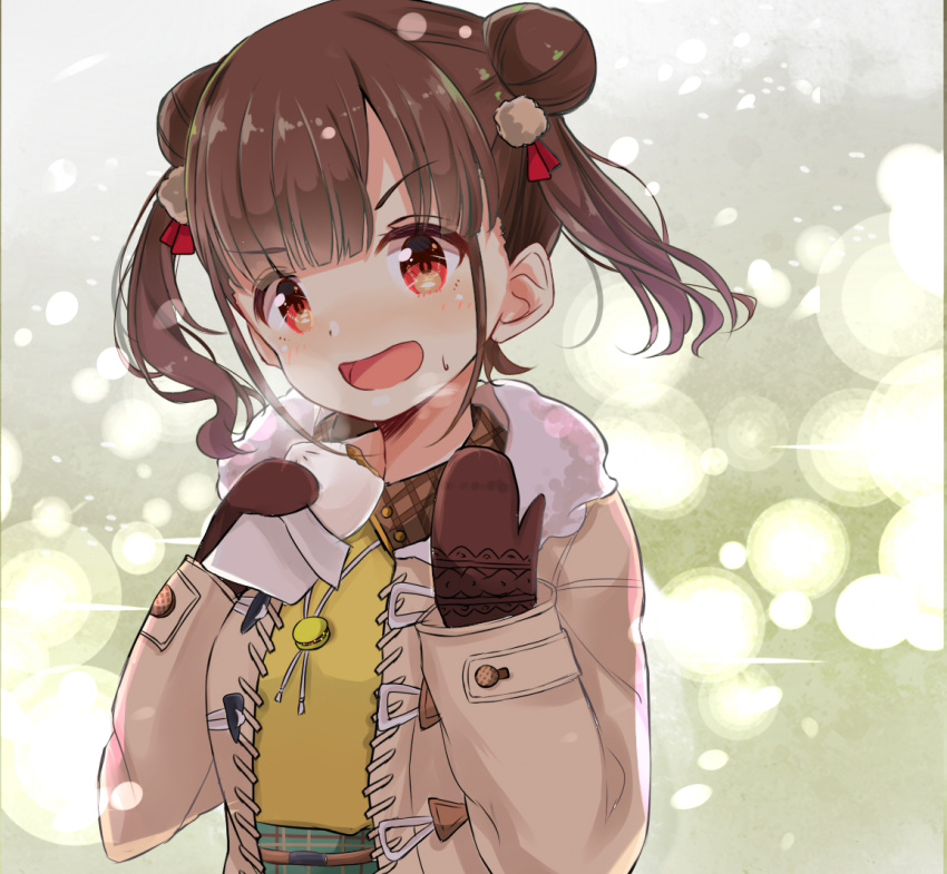 1girl amidada bangs blush brown_coat brown_hair brown_mittens coat collared_shirt double_bun eyebrows_visible_through_hair fur-trimmed_coat fur_trim green_skirt hair_ornament hands_up head_tilt idolmaster idolmaster_shiny_colors long_hair long_sleeves looking_at_viewer mittens open_clothes open_coat open_mouth red_eyes shirt side_bun skirt sleeves_past_wrists solo sonoda_chiyoko steam sweat twintails upper_body v-shaped_eyebrows yellow_shirt