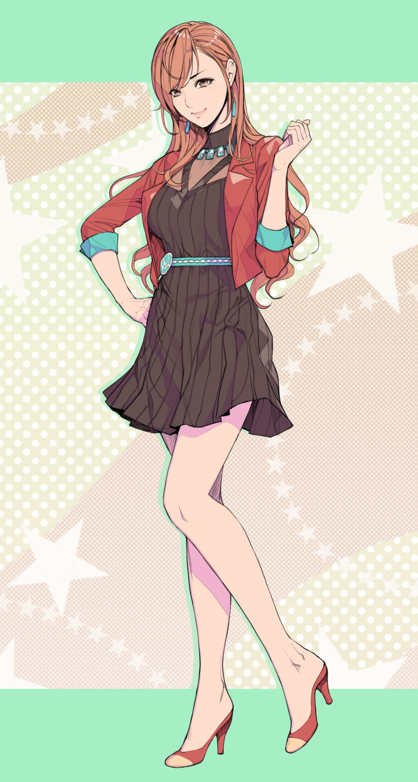 1girl absurdres arisugawa_natsuha black_dress black_eyes cowboy_shot dress earrings enty_reward high_heels highres idolmaster idolmaster_shiny_colors jacket jewelry long_hair multicolored multicolored_background necklace oda_non paid_reward red_jacket redhead see-through short_dress smile solo