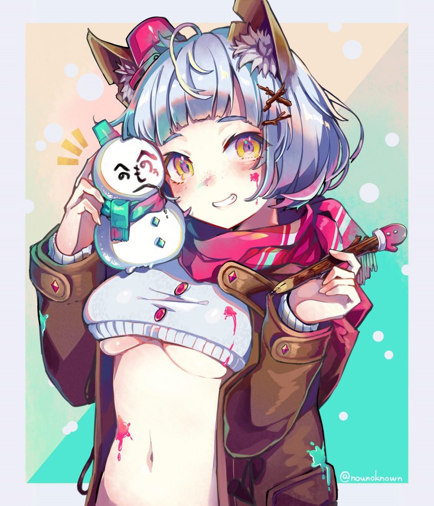 1girl animal_ear_fluff animal_ears aqua_scarf blue_hair breasts brown_coat bucket_hat coat crop_top fox_ears freckles fringe_trim grey_sweater grin hair_ornament hands_up hat head_tilt highres holding holding_pen long_sleeves medium_breasts mini_hat mittens navel nou open_clothes open_coat original paint_on_face pen red_mittens red_scarf scarf short_hair sleeves_past_wrists smile snowman solo sweater twitter_username underbust upper_body x_hair_ornament yellow_eyes