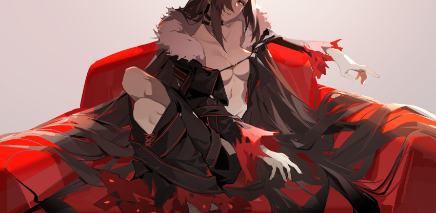 1girl bangs black_choker black_dress breasts brown_hair center_opening choker closed_mouth collarbone commentary consort_yu_(fate) couch dress elbow_rest fate/grand_order fate_(series) fur-trimmed_jacket fur_collar fur_trim groin hair_over_one_eye half-closed_eyes jacket jewelry legs_together long_hair looking_at_viewer medium_breasts navel nine_(liuyuhao1992) open_clothes red_eyes sidelocks sitting solo stomach symbol_commentary twisted_torso very_long_hair