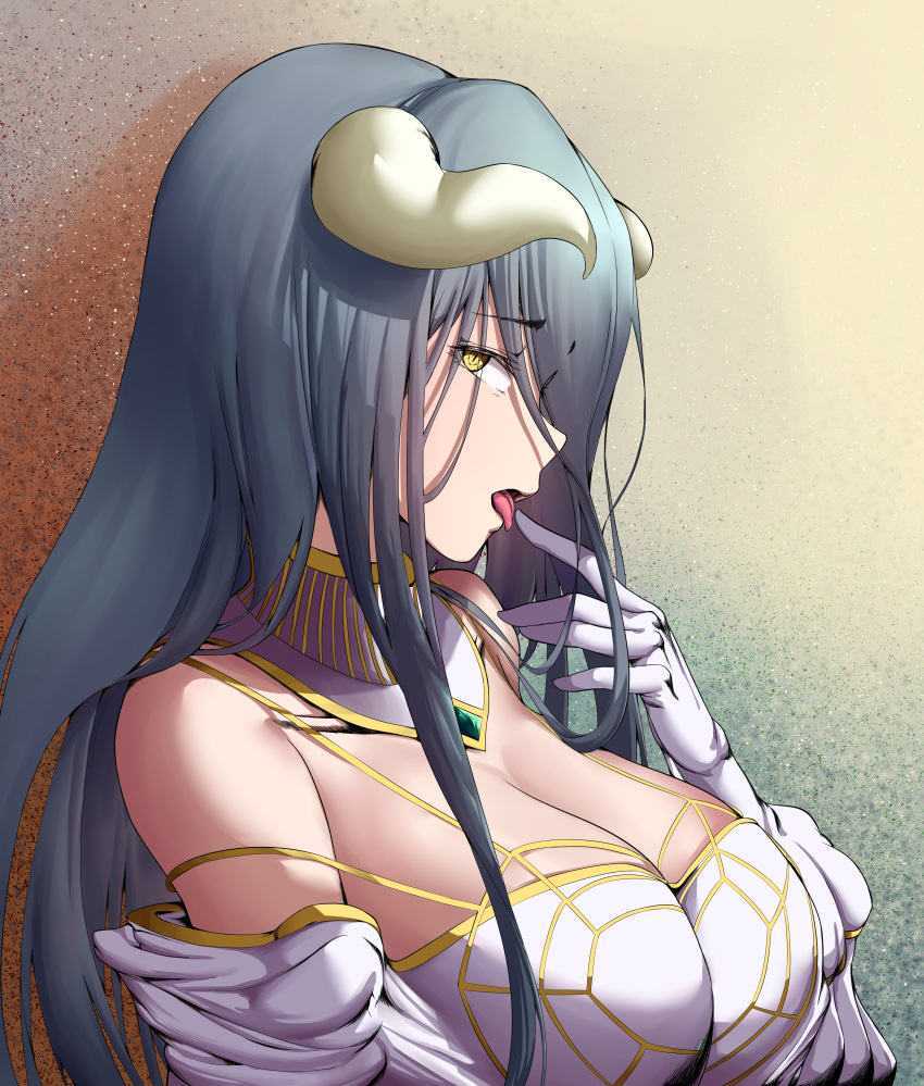 1girl absurdres albedo breasts choker cleavage cottoncandy_(pixiv27093366) eyebrows_visible_through_hair finger_licking gloves grey_hair hair_between_eyes highres horns huge_breasts huge_filesize licking long_hair looking_at_viewer looking_to_the_side open_mouth overlord_(maruyama) solo tongue tongue_out upper_body white_gloves yellow_eyes