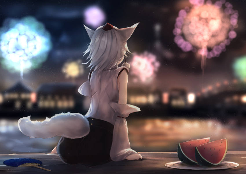 1girl animal_ears bare_shoulders black_skirt blurry bridge depth_of_field detached_sleeves fan fireworks food from_behind fruit hat house inubashiri_momiji lights paper_fan plate pom_pom_(clothes) shirt short_hair sitting skirt sky sleeveless sleeveless_shirt solo star star_(sky) starry_sky tail tokin_hat touhou uchiwa watermelon watermelon_seeds white_hair wolf_ears wolf_tail yukitourou