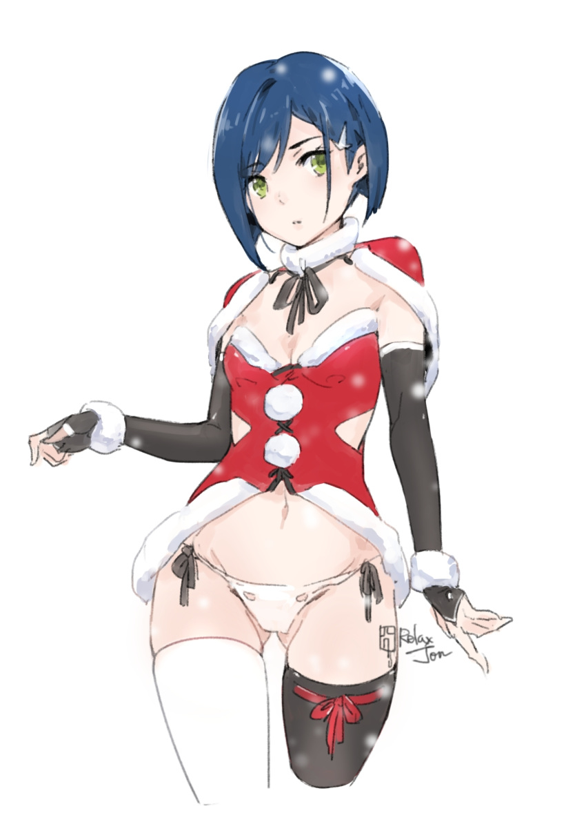 bangs black_legwear blue_hair bob_cut bow bridal_gauntlets capelet commentary cowboy_shot darling_in_the_franxx elbow_gloves expressionless fingerless_gloves gloves green_eyes hair_ornament hairclip highres ichigo_(darling_in_the_franxx) looking_to_the_side midriff mismatched_legwear panties pom_pom_(clothes) relaxjon ribbon santa_costume short_hair side-tie_panties simple_background thigh-highs underwear white_background white_legwear