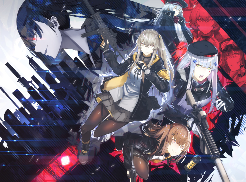 404_(girls_frontline) 6+girls absurdres armband assault_rifle bangs beret black_bow black_footwear black_gloves black_hair black_legwear black_serafuku black_skirt blonde_hair blue_eyes blue_hair boots bow braid breasts brown_eyes brown_hair choker closed_mouth coat crossed_bangs expressionless facial_mark fingerless_gloves flashbang g11_(girls_frontline) girls_frontline gloves goggles goggles_on_head green_eyes grey_hair grey_skirt gun h&amp;k_ump h&amp;k_ump45 h&amp;k_ump9 hair_between_eyes hair_bow hair_ornament hairclip hat heckler_&amp;_koch heterochromia highres hk416 hk416_(girls_frontline) holding holding_grenade holding_gun holding_weapon hood hood_down hooded_jacket huge_filesize inpamas jacket lens_flare long_hair looking_at_viewer medium_breasts multiple_girls one_side_up open_clothes open_coat open_jacket open_mouth ots-14_(girls_frontline) ouroboros_(girls_frontline) pantyhose pleated_skirt pouch red_eyes ribbon rifle sangvis_ferri scar scar_across_eye scarf scarf_on_head school_uniform serafuku shirt sidelocks silver_hair skirt smile smirk smoke_grenade snorkel spp-1_(girls_frontline) star star_choker submachine_gun tareme taut_jacket teardrop thigh-highs thigh_strap trigger_discipline tsurime twintails ump45_(girls_frontline) ump9_(girls_frontline) untucked_shirt very_long_hair weapon white_shirt yellow_eyes