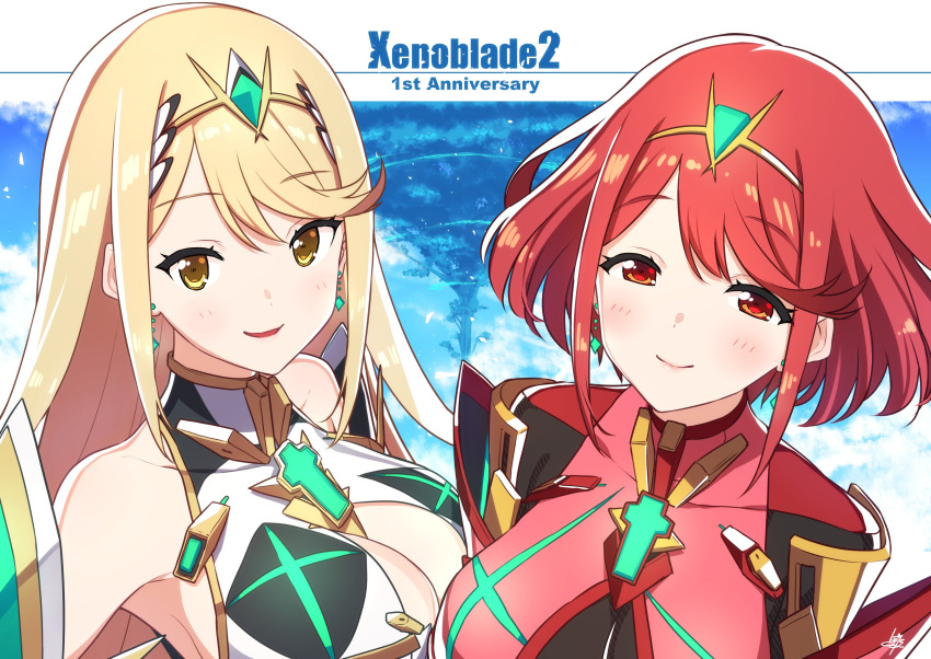 2girls absurdres armor baffu bangs blonde_hair blush breasts cleavage cleavage_cutout dual_persona earrings gem hair_ornament headpiece highres mythra_(xenoblade) pyra_(xenoblade) jewelry large_breasts long_hair looking_at_viewer multiple_girls nintendo red_eyes redhead short_hair shoulder_armor smile swept_bangs thigh_strap tiara xenoblade_(series) xenoblade_2 yellow_eyes